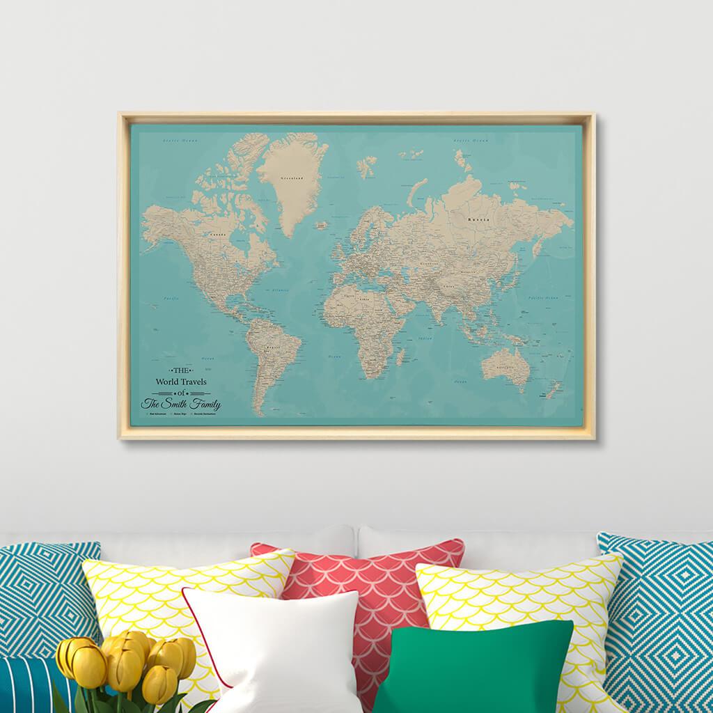 Natural Tan Float Frame - 24x36 Gallery Wrapped Teal Dream World Push Pin Travel Map