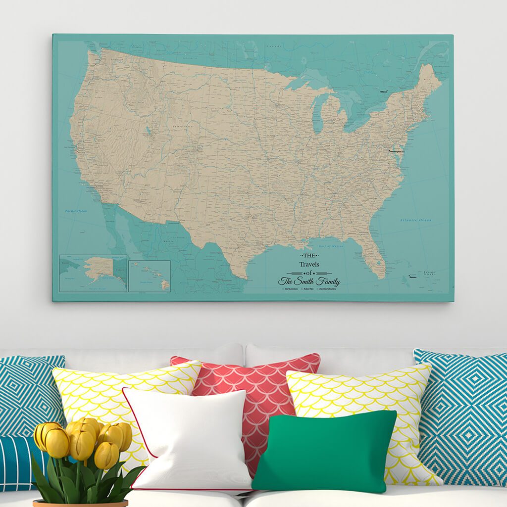 30x45 Gallery Wrapped Teal Dream USA Map