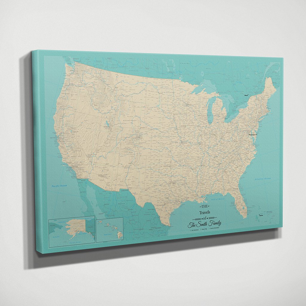 Frameless Teal Dream USA Map with Pins