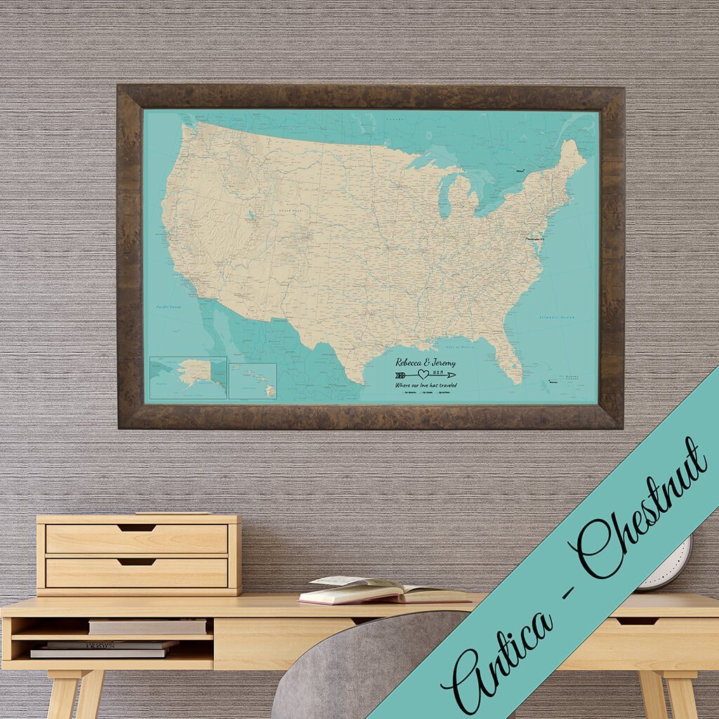 Canvas Teal Dreams USA Pinboard Wall Map Antica Chestnut Frame