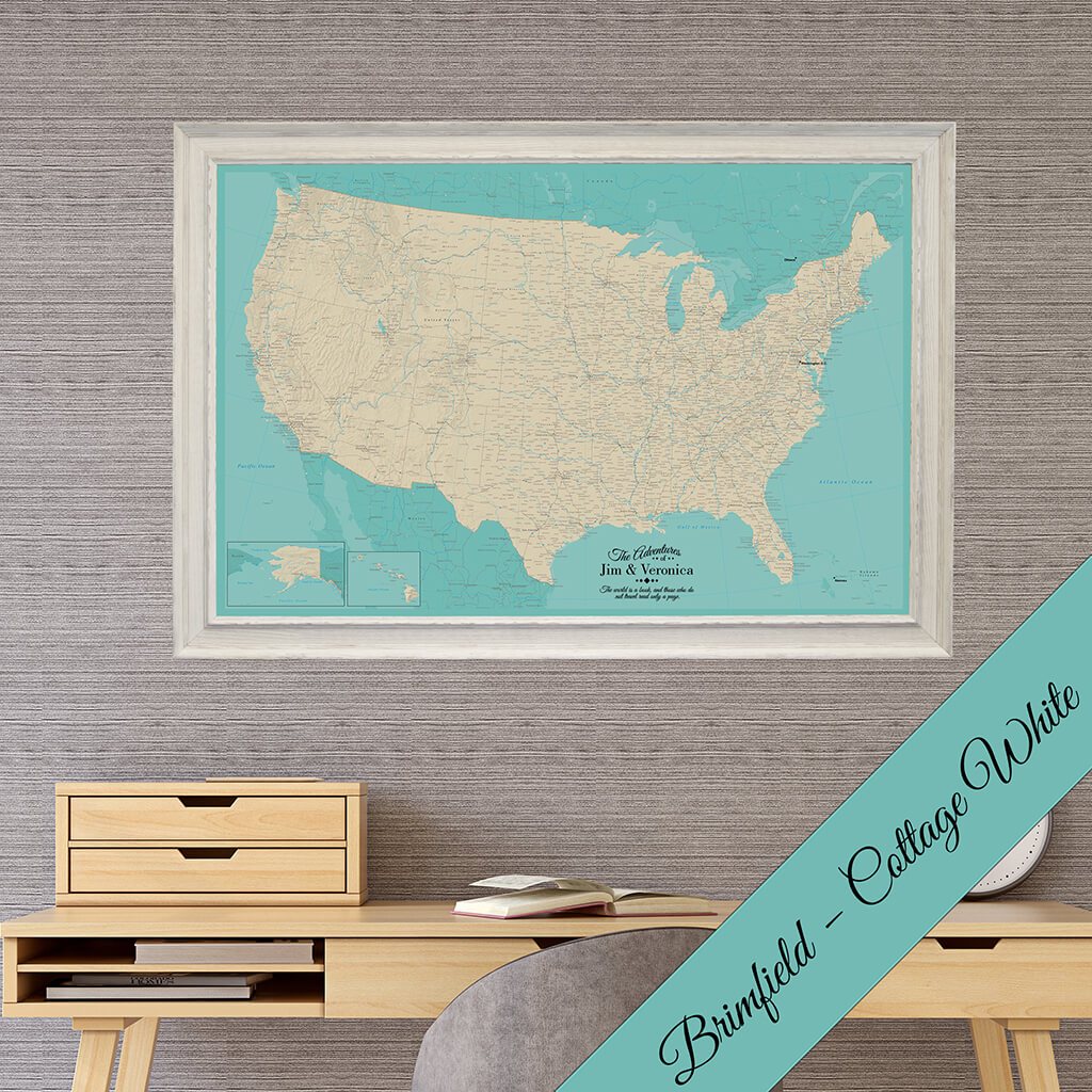 Canvas Teal Dreams USA Pinnable Wall Map with Real Wood Brimfield Cottage White Premium Frame