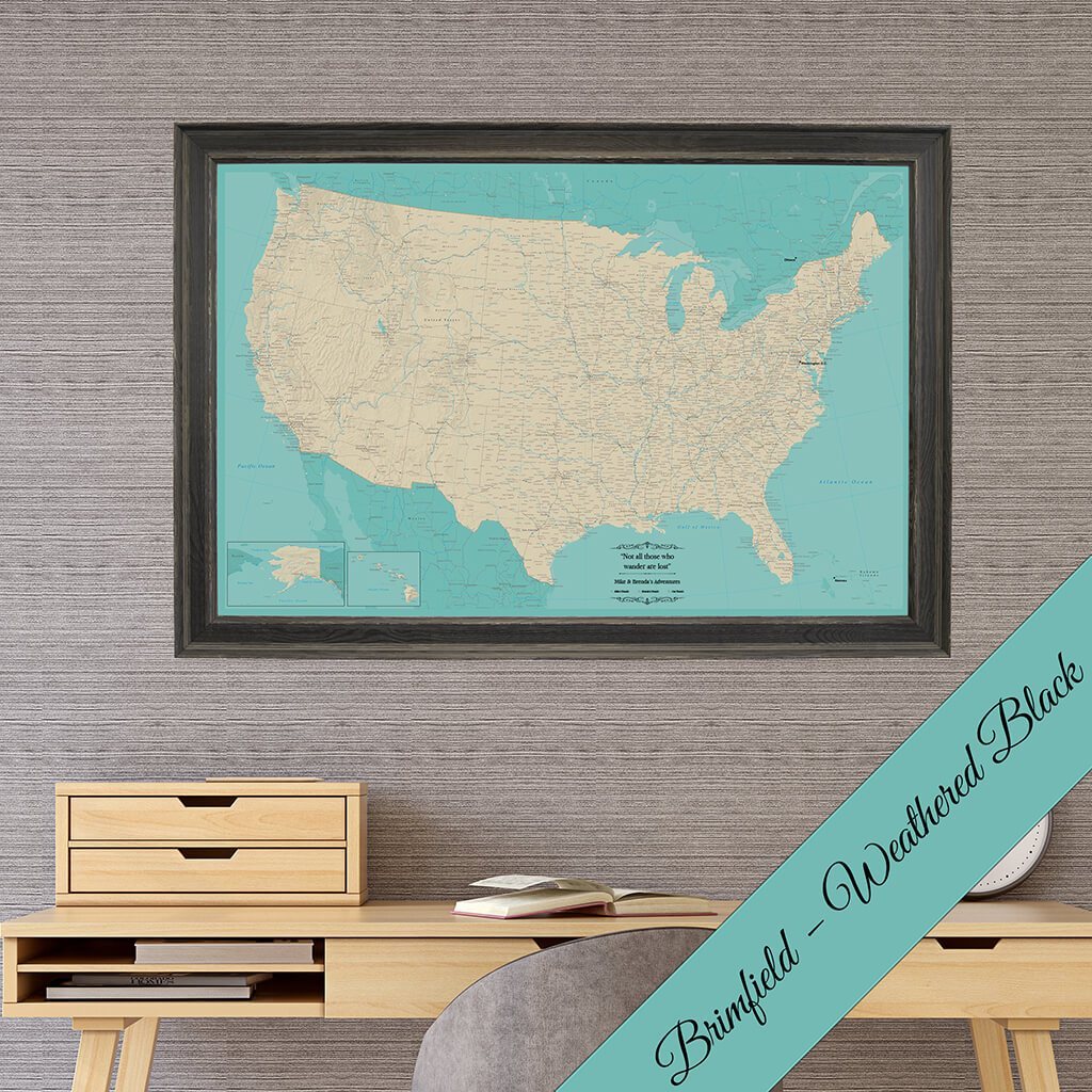 Canvas US Travel Map with Pins in Brimfield Black Frame - Teal USA Map