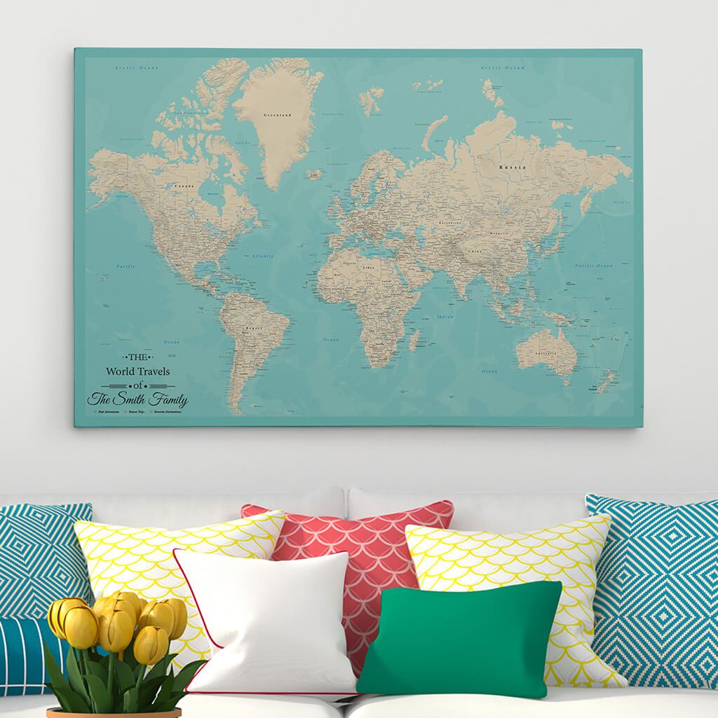 30x45 Gallery Wrapped Teal Dream World Push Pin Travel Map