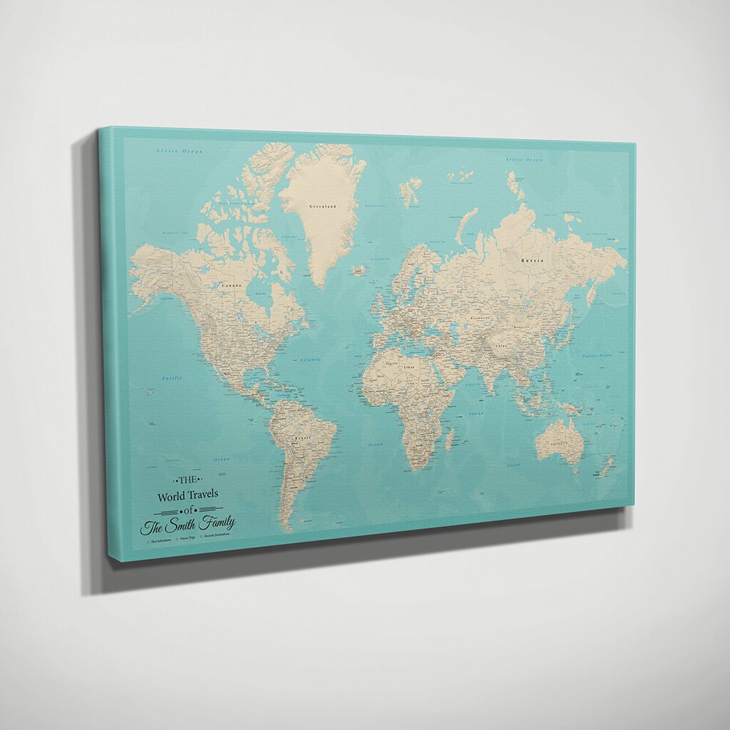Gallery Wrapped Teal Dream World Push Pin Travel Map Side View