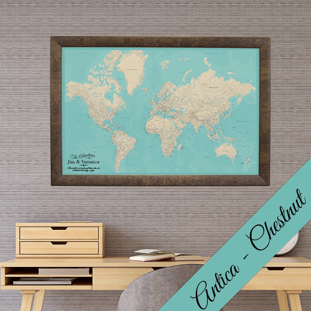 Canvas Teal Dreams World Map in Premium Antica Chestnut Frame