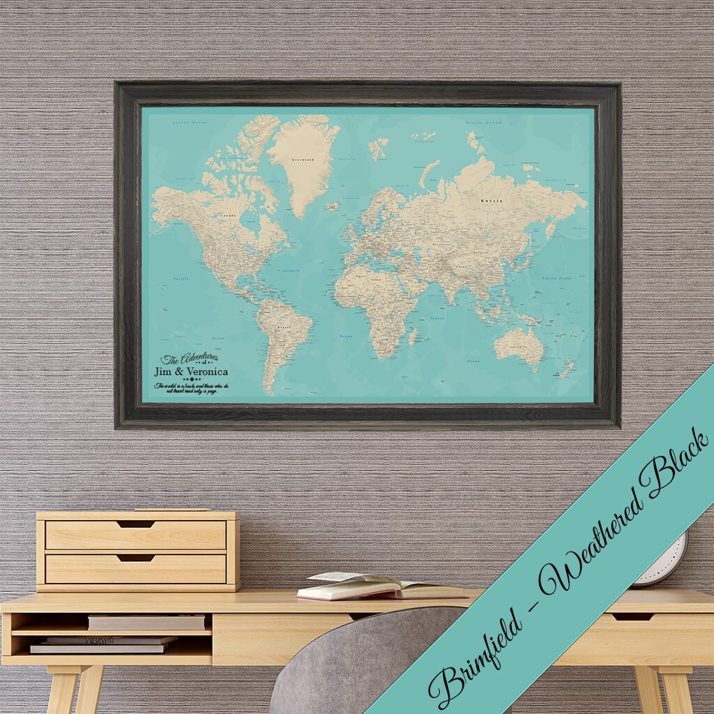 Canvas Teal Dreams World Map in Premium Brimfield Black Frame