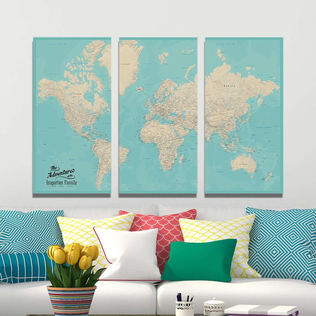 Teal Dream 3 Panel Gallery Wrap Canvas World Map