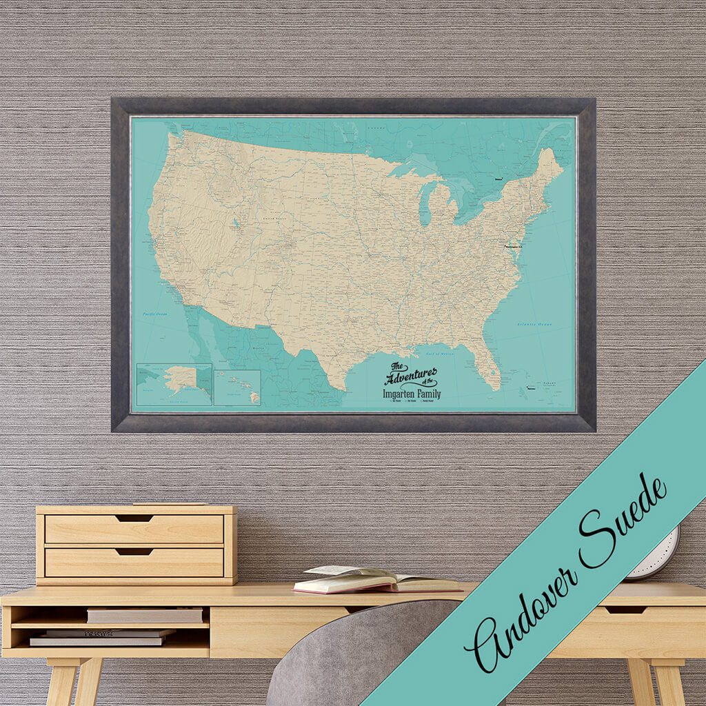 Canvas US Travel Map with Pins in Premium Andover Suede Frame - Teal USA Map