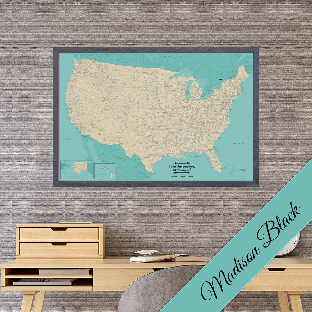Canvas US Travel Map with Pins in Premium Madison Black Frame - Teal USA Map