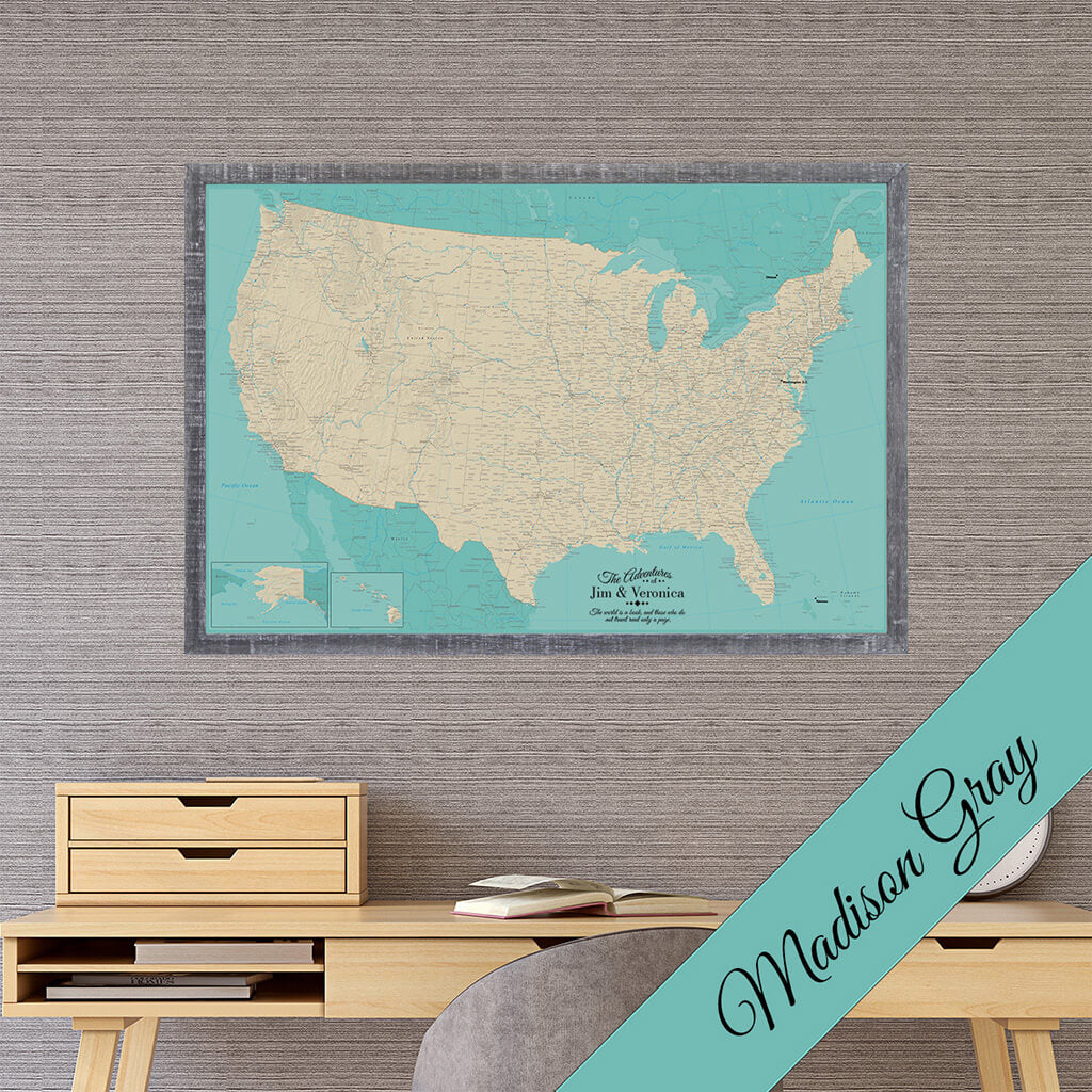 Canvas US Travel Map with Pins in Premium Madison Gray Frame - Teal USA Map