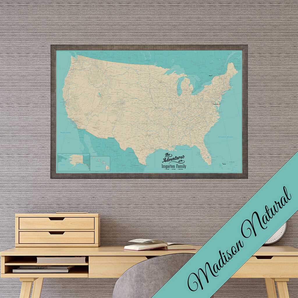 Canvas US Travel Map with Pins in Premium Madison Natural Brown Frame - Teal USA Map