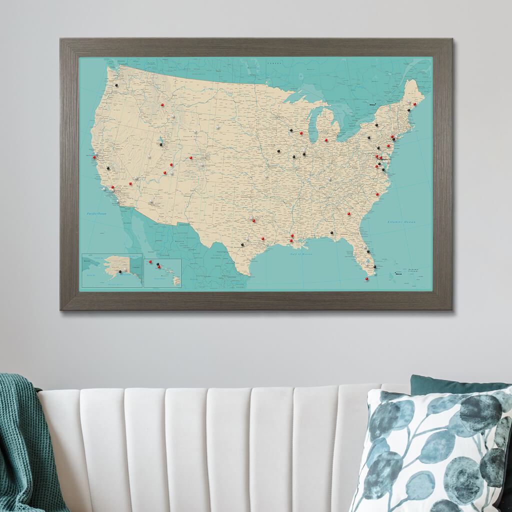 Teal Dream USA Push Pin Travelers Map in Barnwood Gray Frame