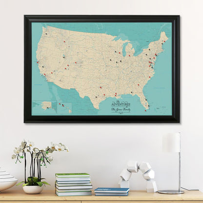 Canvas Teal Dreams USA Pinboard Wall Map in Black Frame