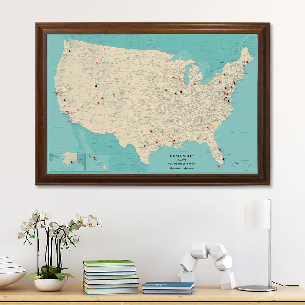 Canvas Teal Dreams USA Pinboard Wall Map in Brown Frame
