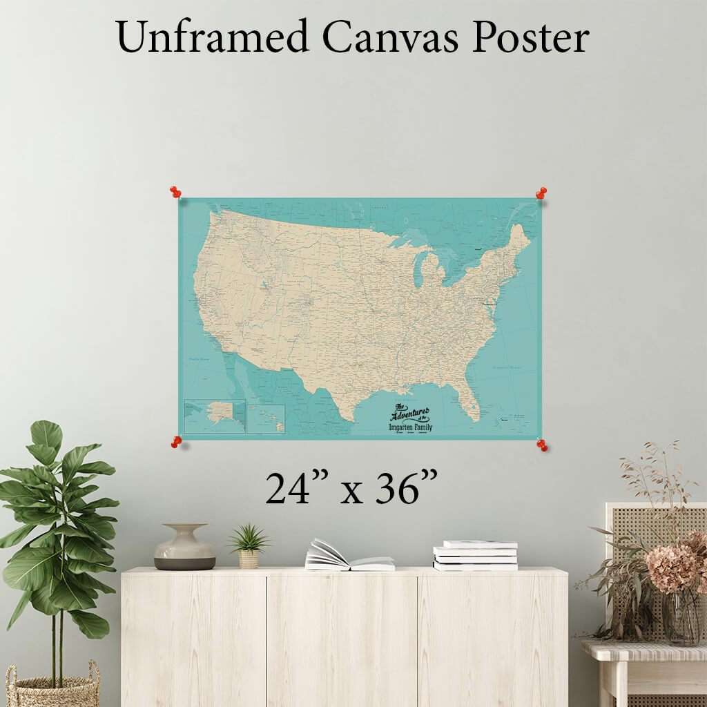 Teal Dream USA Canvas Map Poster 24 x 36