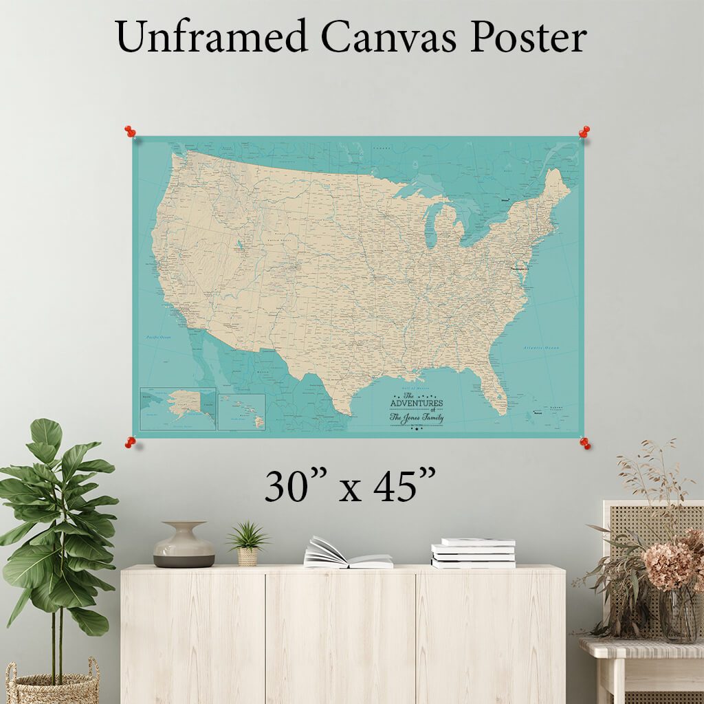 Teal Dream USA Canvas Map Poster 30 x 45