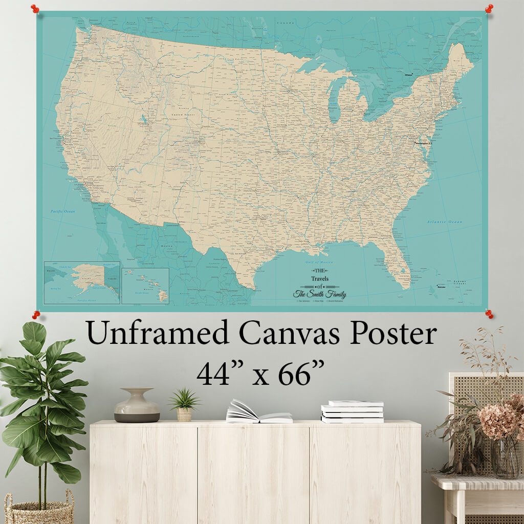 Teal Dream USA Canvas Map Poster 44 x 66
