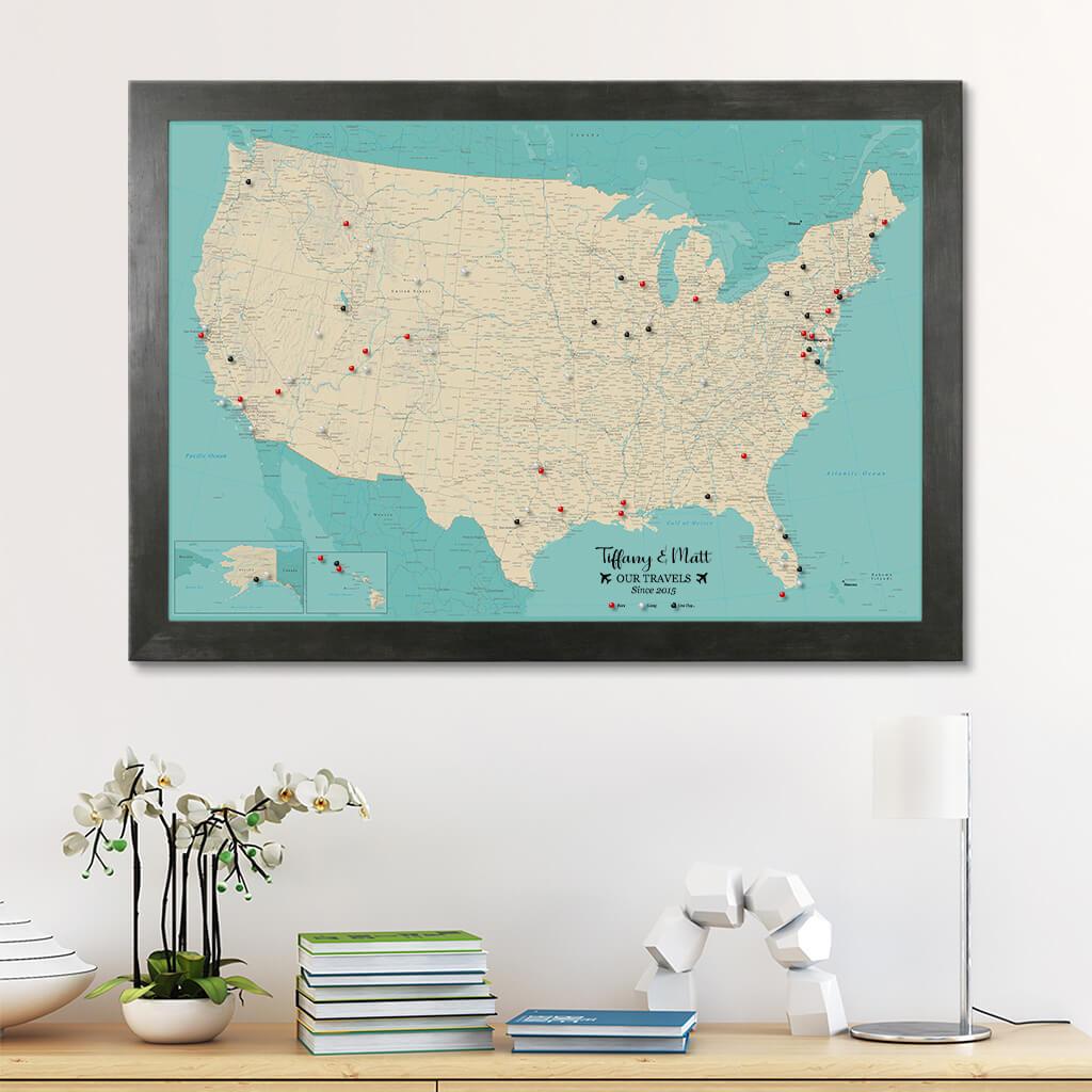 Canvas Teal Dreams USA Pinboard Wall Map in Rustic Black Frame
