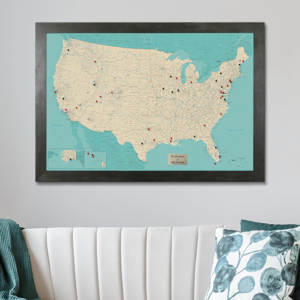 Teal Dream USA Push Pin Wall Map in Rustic Black Frame
