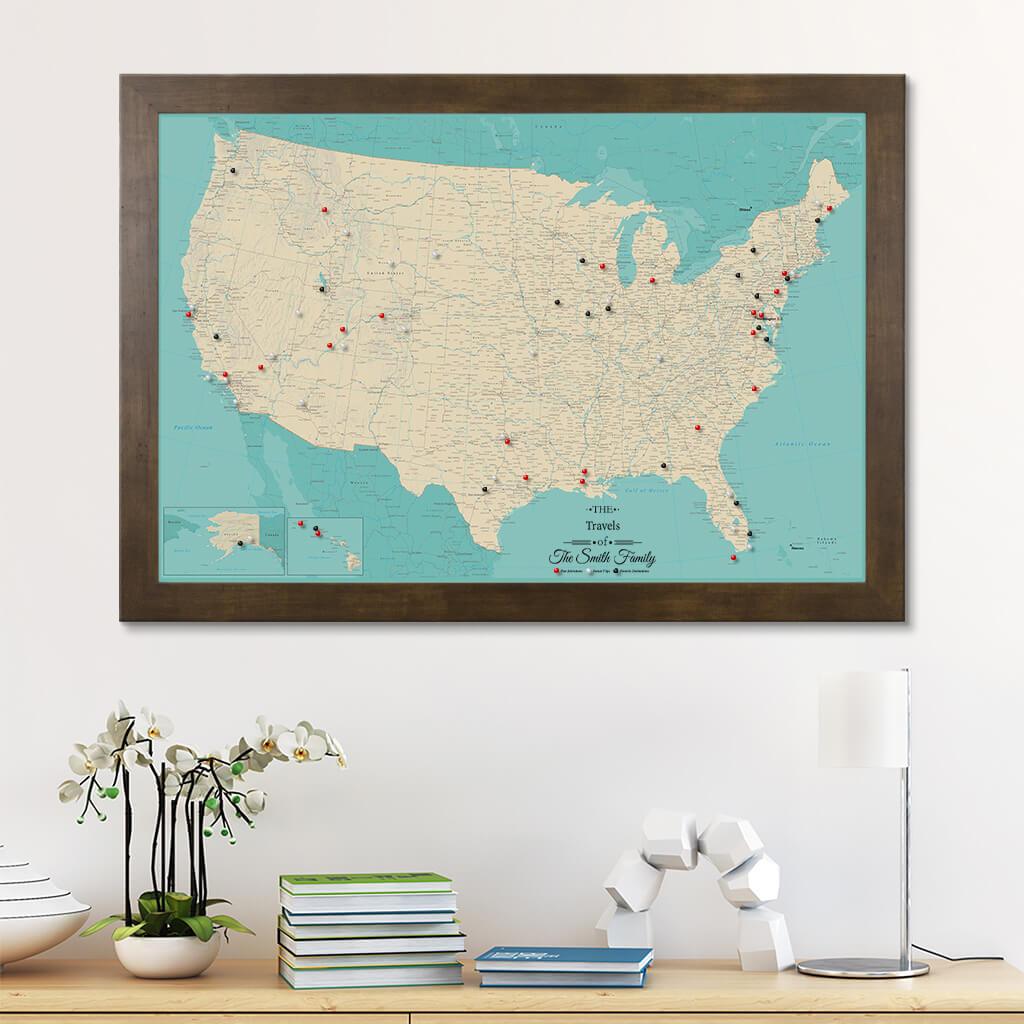 Canvas Teal Dreams USA Pinboard Wall Map in Rustic Brown Frame