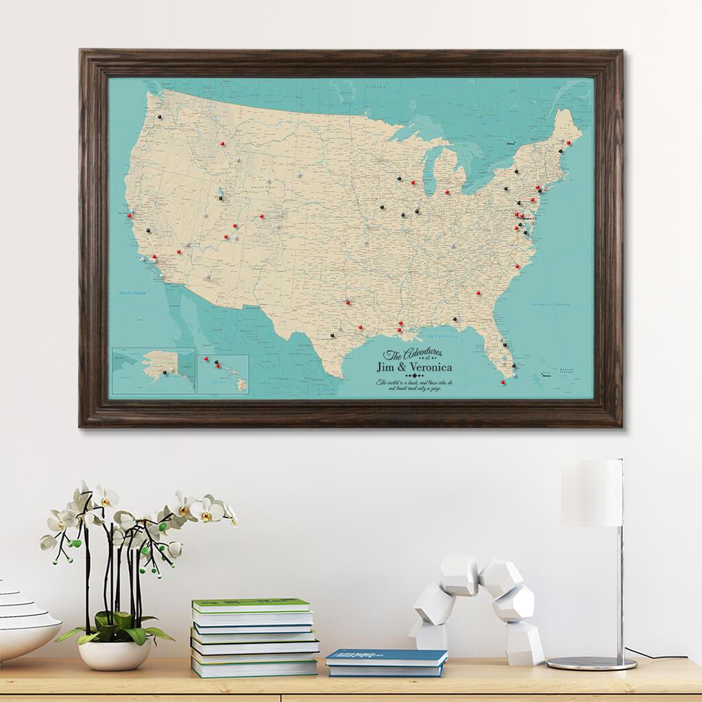 Canvas Teal Dreams USA Pinboard Wall Map Solid Wood Brown Frame