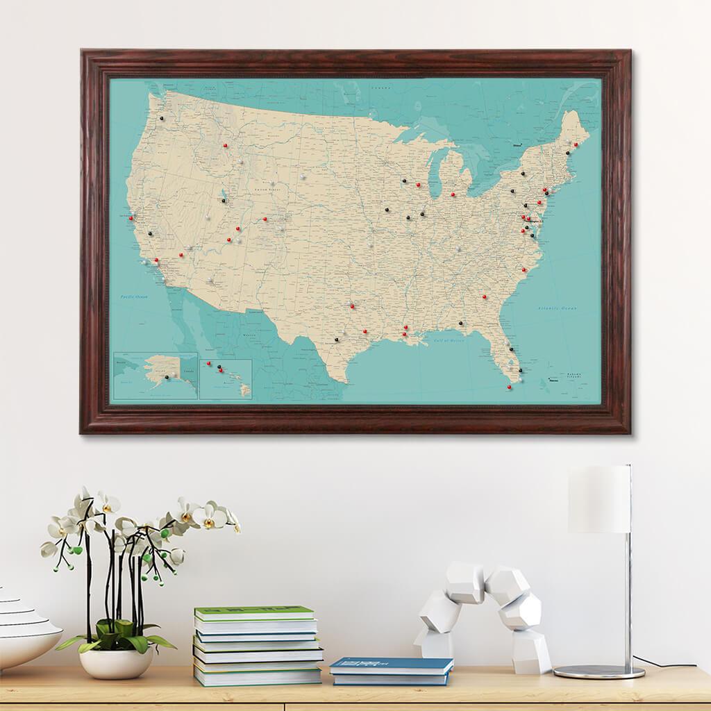 Canvas Teal Dreams USA Travelers Map with Pins In Elegant Solid Wood Cherry Frame