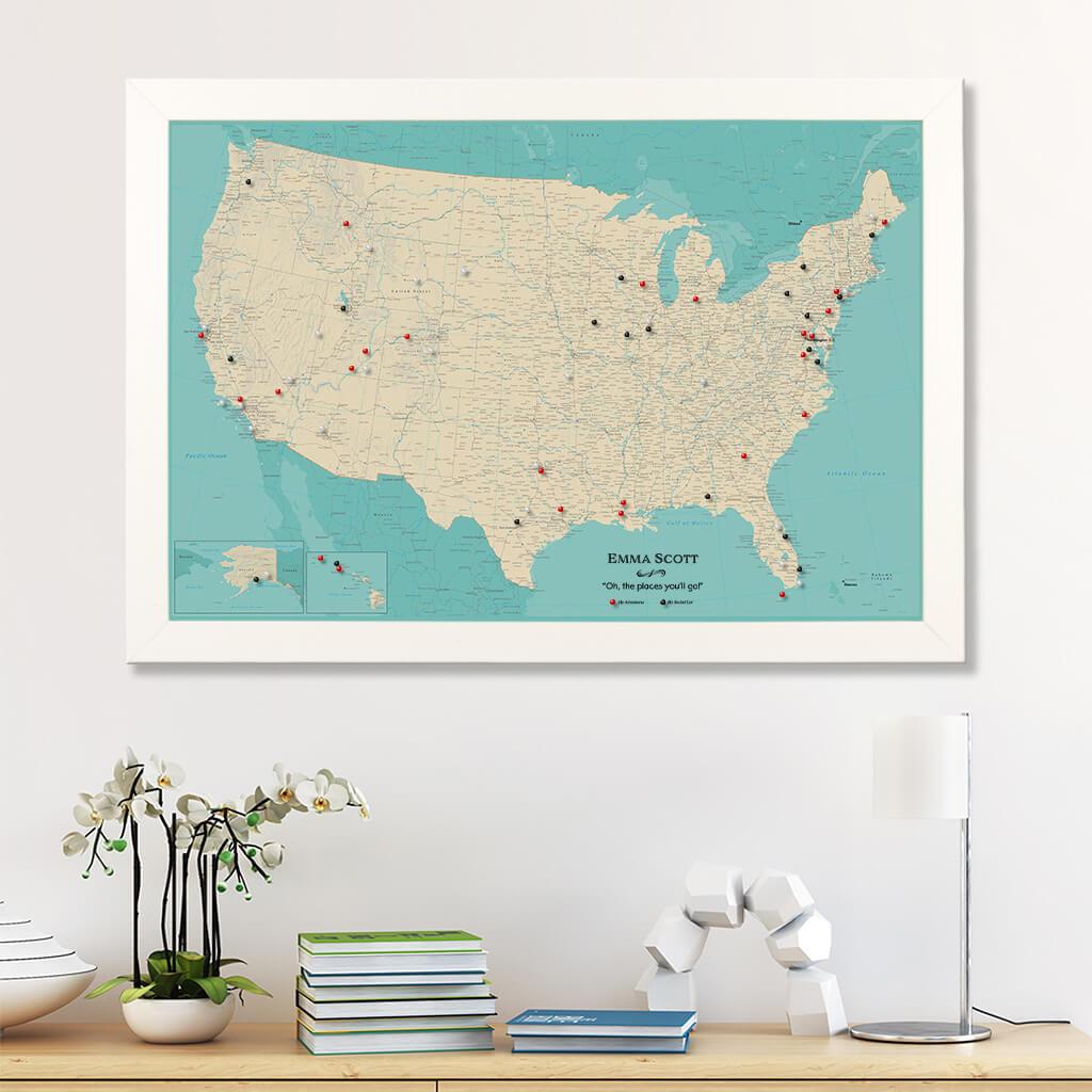 Canvas Teal Dreams USA Pinboard Wall Map Textured White Frame