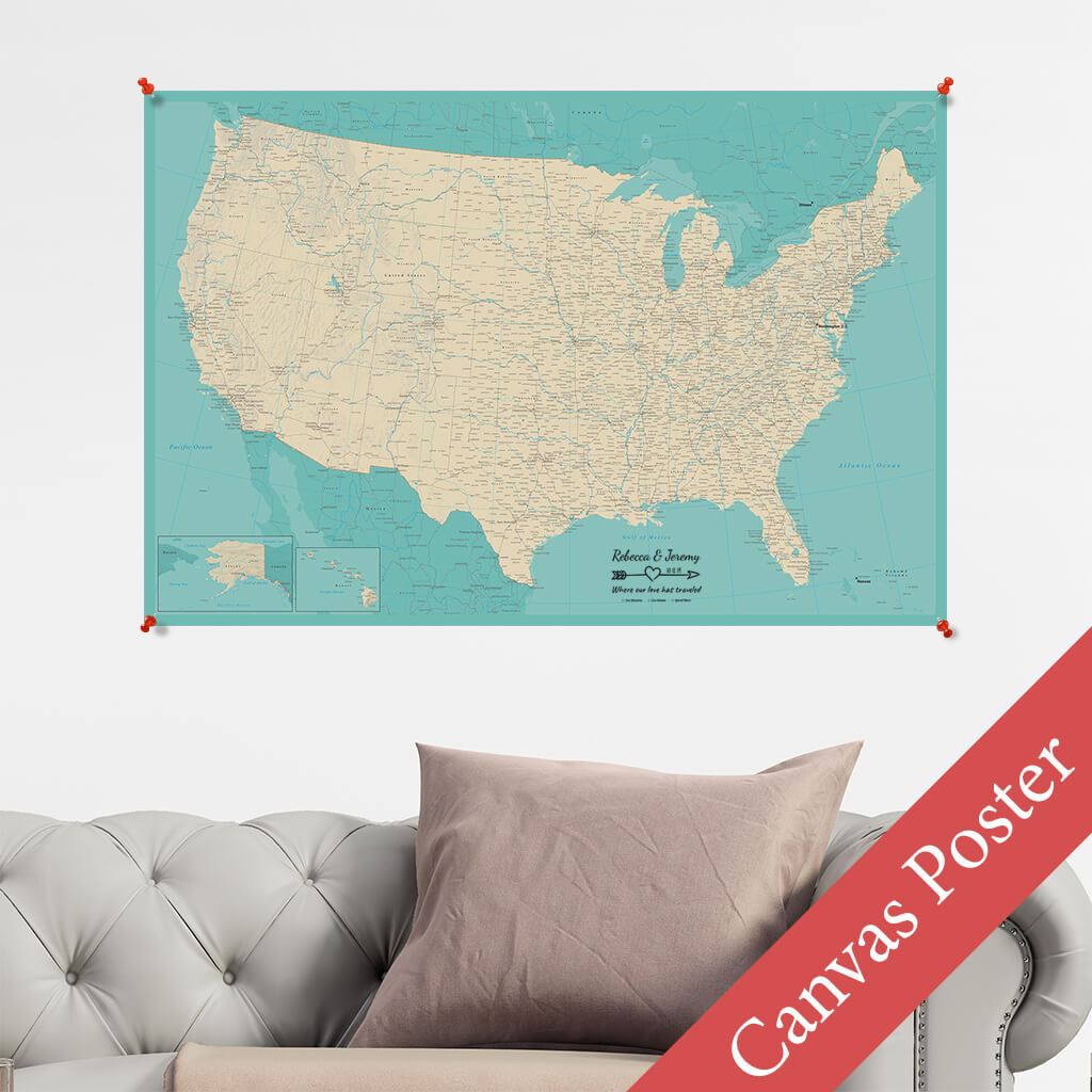 Teal Dream USA Canvas Map Poster