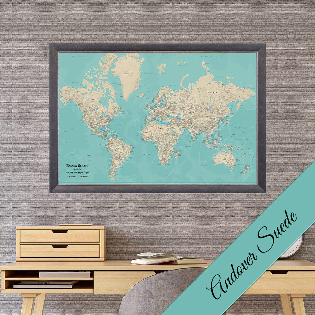Canvas Teal Dreams World Map in Premium Andover Suede  Frame