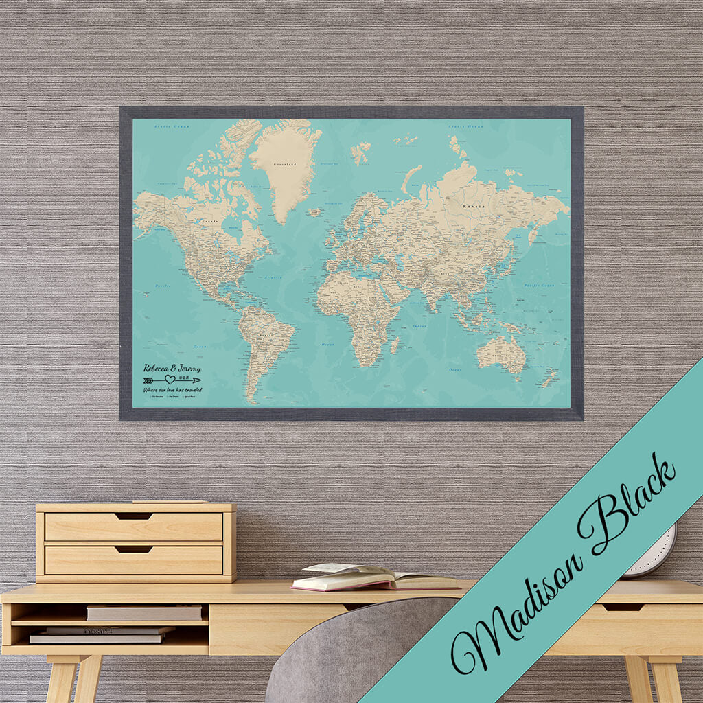 Canvas Teal Dreams World Map in Premium Madison Black  Frame