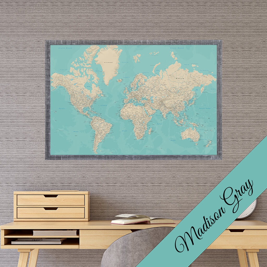 Canvas Teal Dreams World Map in Premium Madison Gray Frame