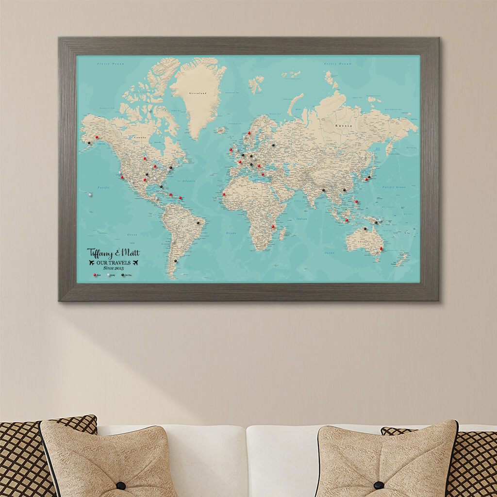 Canvas Teal Dreams World Map Barnwood Gray Frame