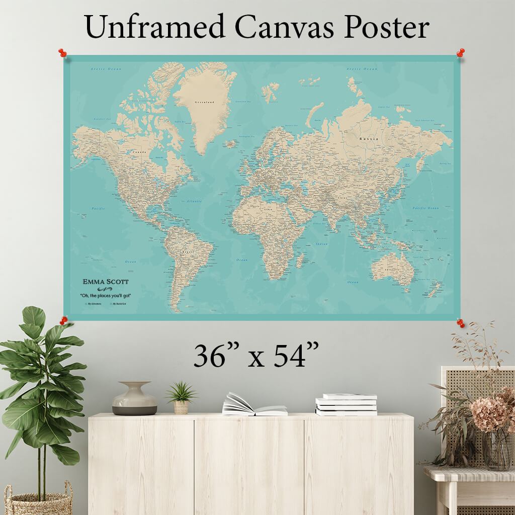 Teal Dream World Canvas Map Poster 36 x 54