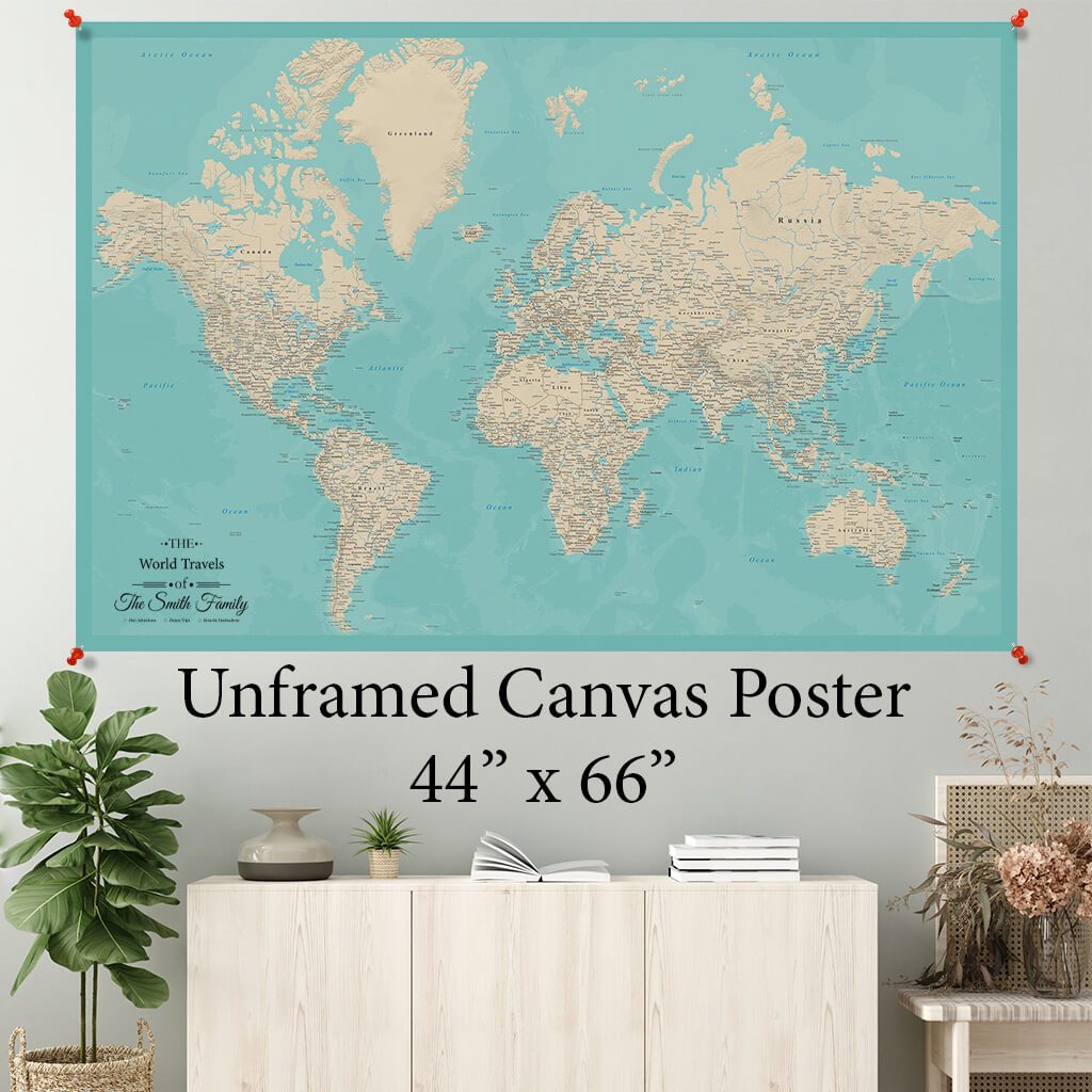 Teal Dream World Canvas Map Poster 44 x 66