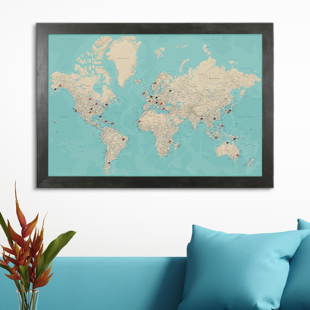 Teal Dream World Travel Pin Map in Rustic Black Frame