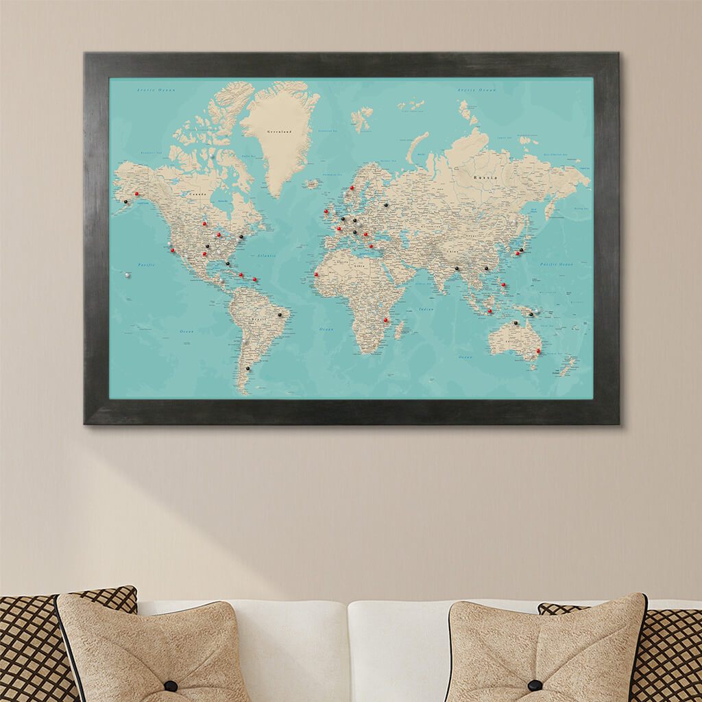 Canvas Teal Dreams World Map Rustic Black Frame