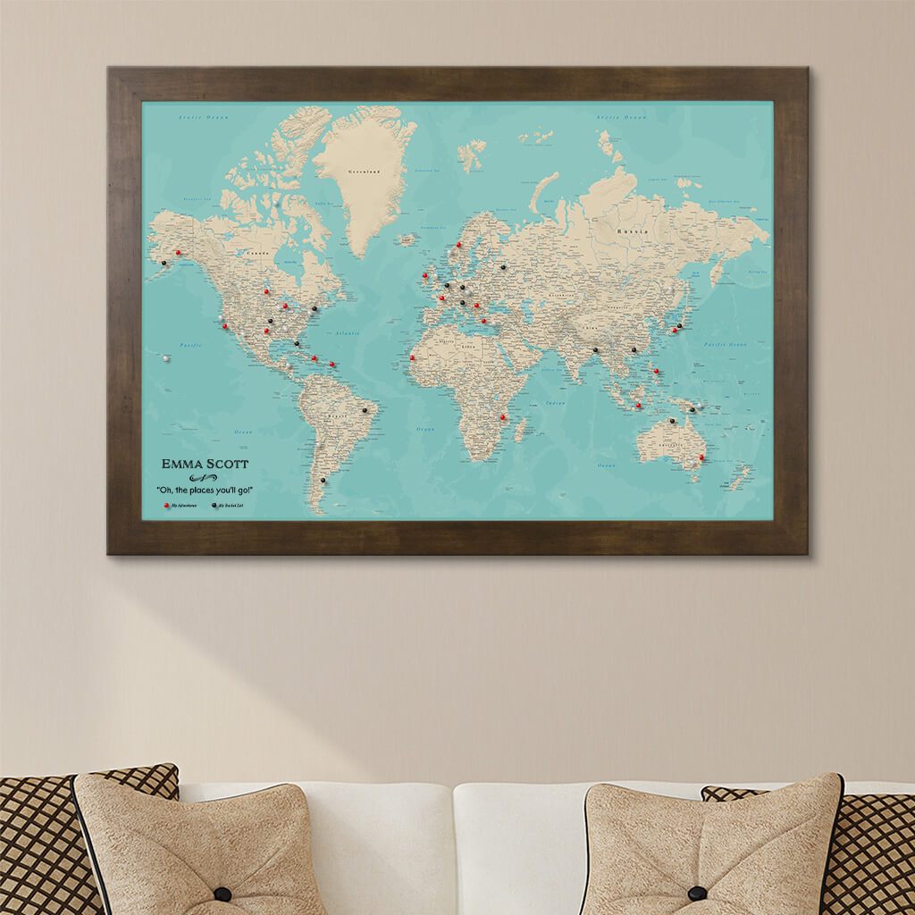 Canvas Teal Dreams World Map Rustic Brown Frame