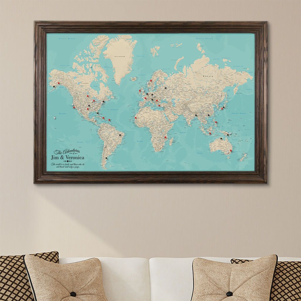 Canvas Teal Dreams World Map Solid Wood Brown Frame