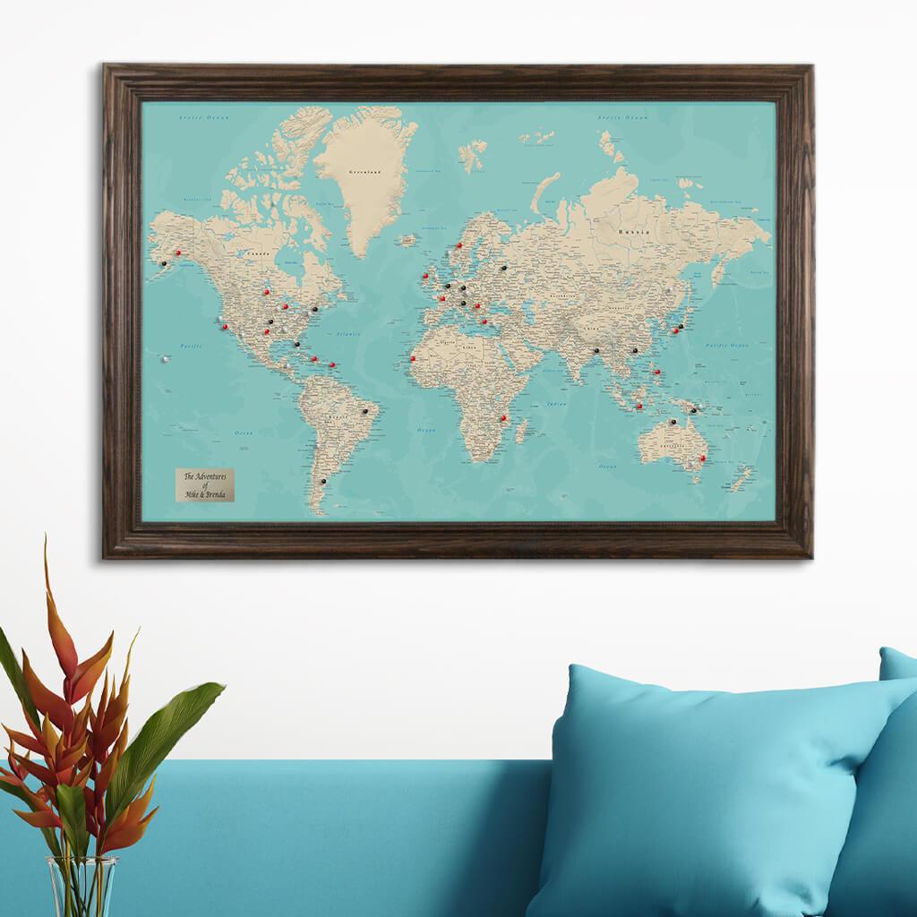 Teal Dream World Travel Pin Map in Solid Wood Brown Frame