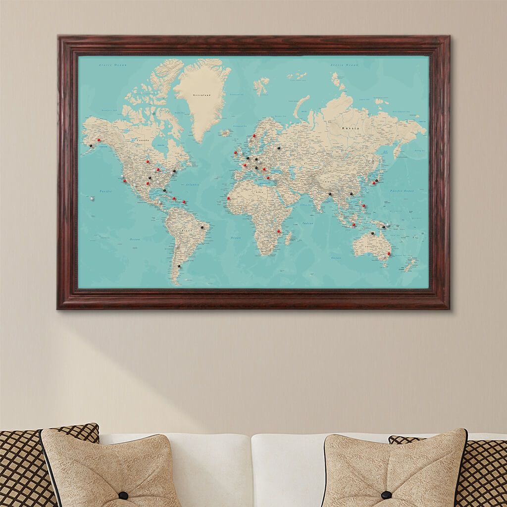 Canvas Teal Dreams World Map Solid Wood Cherry Frame