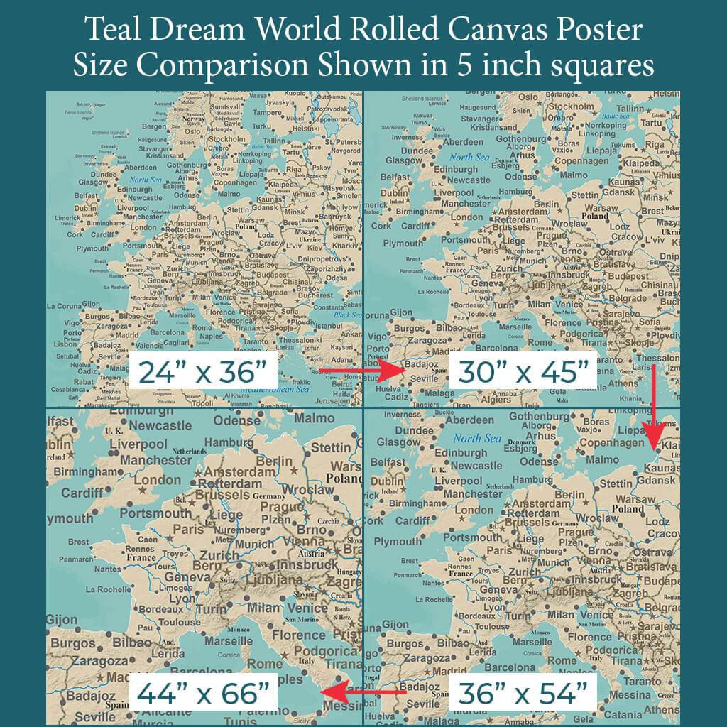 Font Size Comparison of Europe on 4 Poster Sizes