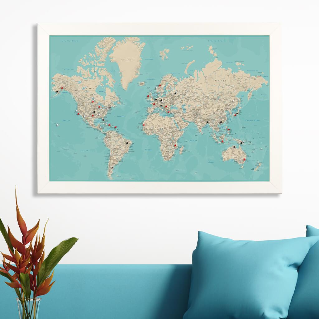 Teal Dream World Push Pin Travel Map Textured White Frame