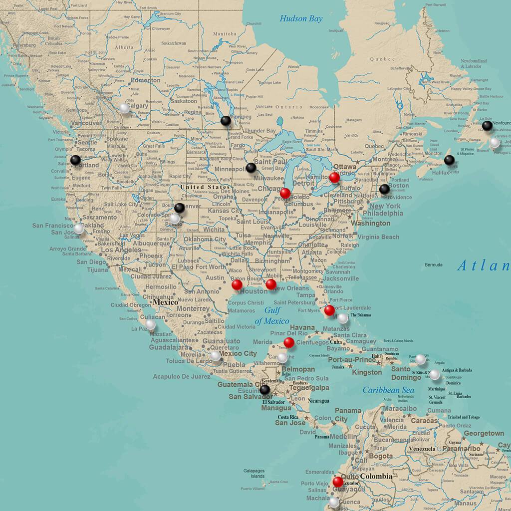 Closeup of USA on Teal Dreams World Map