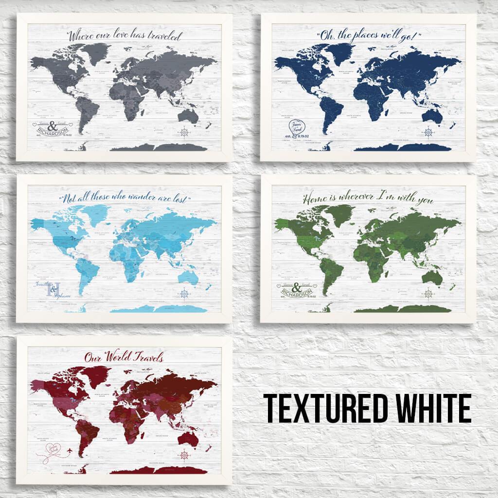 Canvas Anniversary World Map Color Options with Textured White Frame