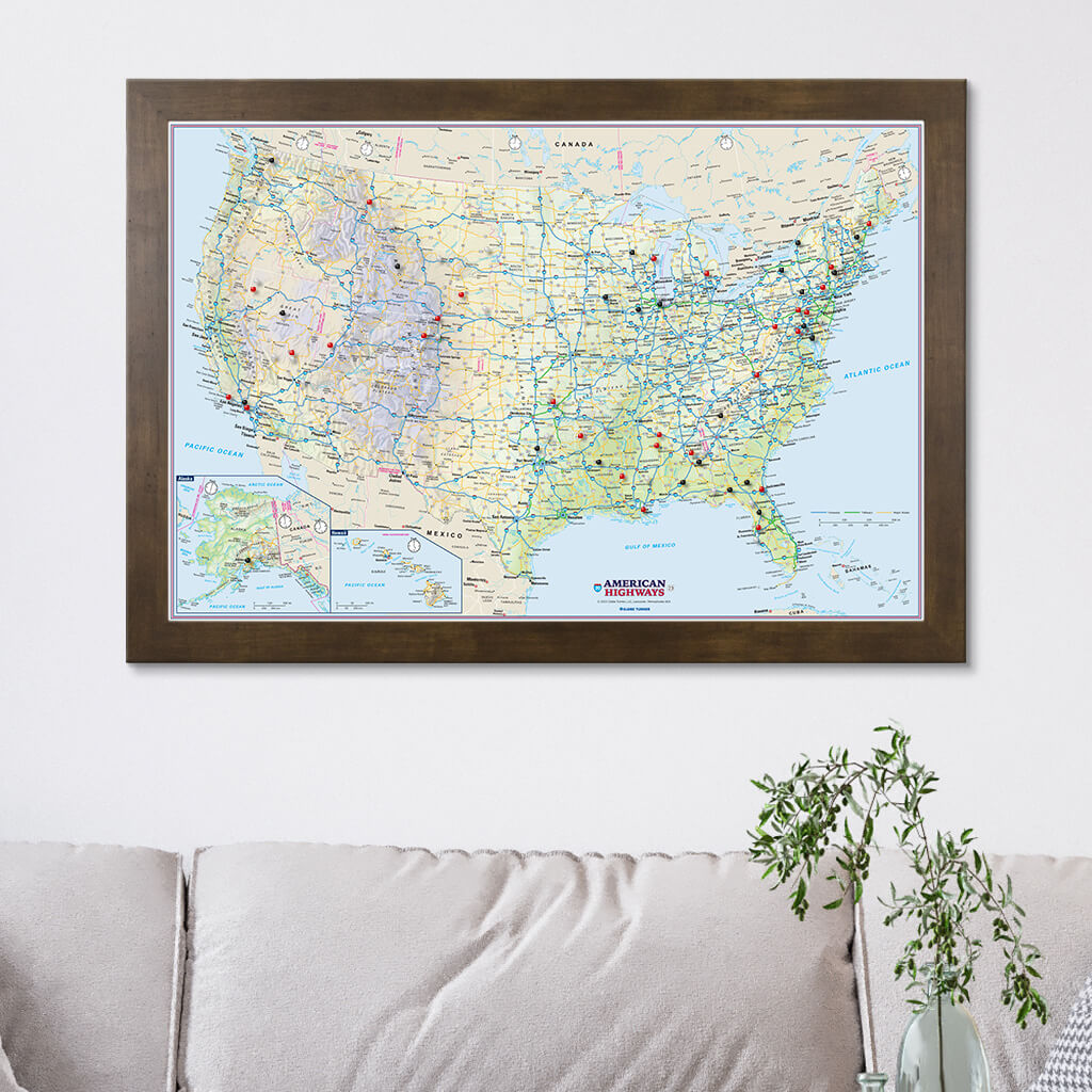 USA Interstate Highway Map in Rustic Brown Frame