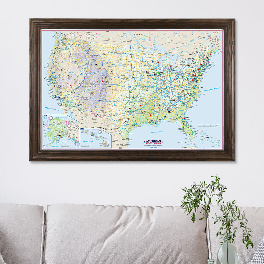 USA Interstate Highway Map in Solid Wood Brown Frame