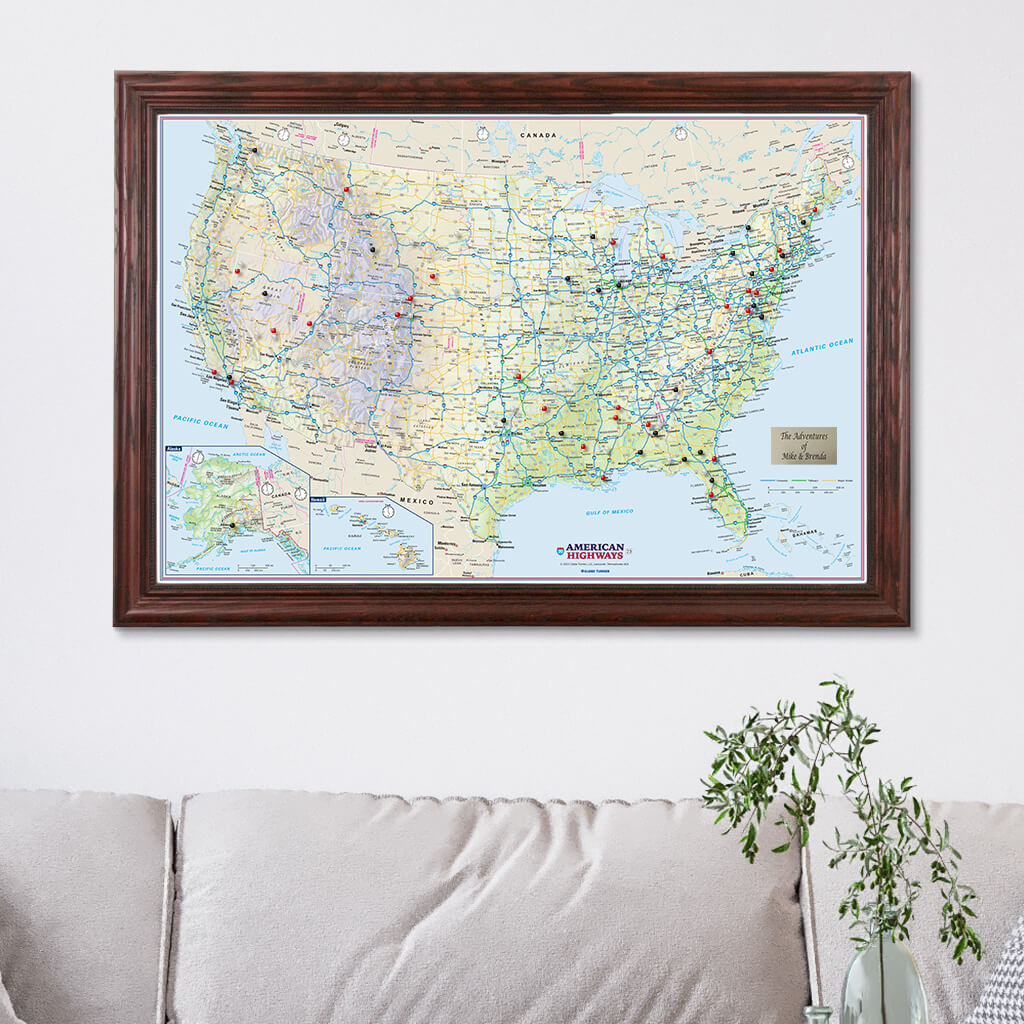 USA Interstate Highway Map in Solid Wood Cherry Frame
