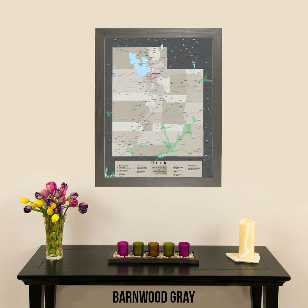 Earth Toned Utah State Pin Map Barnwood Gray Frame
