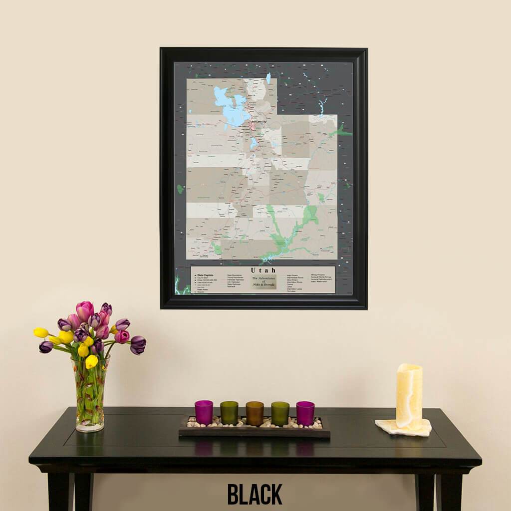 Earth Toned Utah State Pin Map Black Frame
