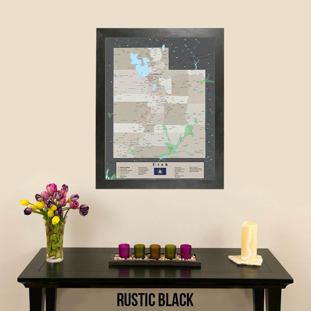 Earth Toned Utah State Pin Map Rustic Black Frame